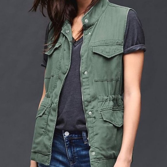 GAP Utility Cargo Vest Army Green Size Small Drawstring Waist Ample Pockets - Picture 3 of 12